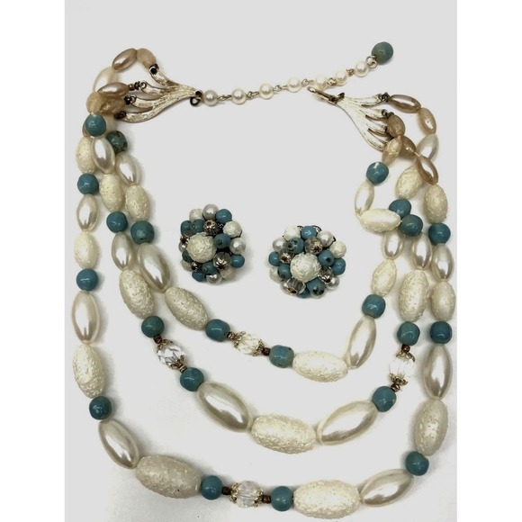 Japan Rags Jewelry - Vintage 1960s Japan Aqua Blue White Pearl Beaded Necklace Clip On Earrings Set